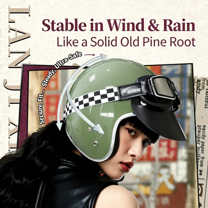 Motorcycle Helmet 3/4 Retro Helmet Dark Green Retro Semi-open Motorcycle Helmet Cross-country Motorcycle Accessories in Winter