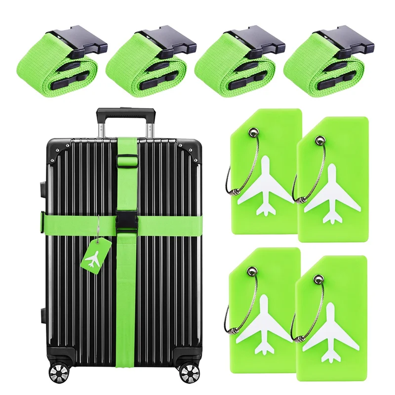 8 Pack Luggage Straps Suitcase Belts Silicone Luggage Tags Travel Suitcase Tags Travel Accessories Green