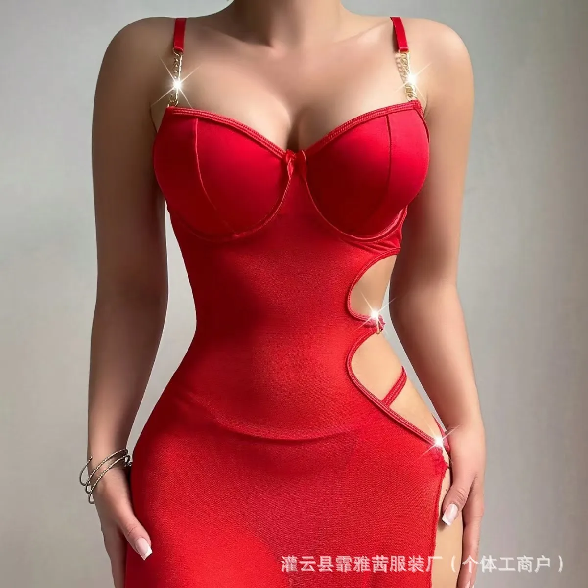 2026 New Sexy Backless Women Spaghetti Strap Maxi Hollow Out Waist High‑Split Mesh Lingerie Dress Beach Hollow Cut‑out Waist LP1