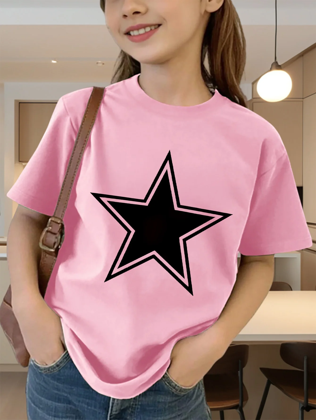 Cute Double Outline White Star Graphic Kids Tee Boys Girls Family Matching Cotton Crew Neck Short Sleeve Soft Summer Tee