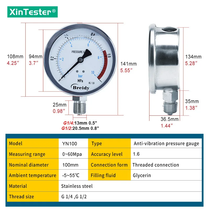 Xin Tester Water pressure gauge Stainless Steel G 1/4 G1/2 Oil Hydraulic air Vacuum Manometer 0-60mpa Diameter 100mm YN100