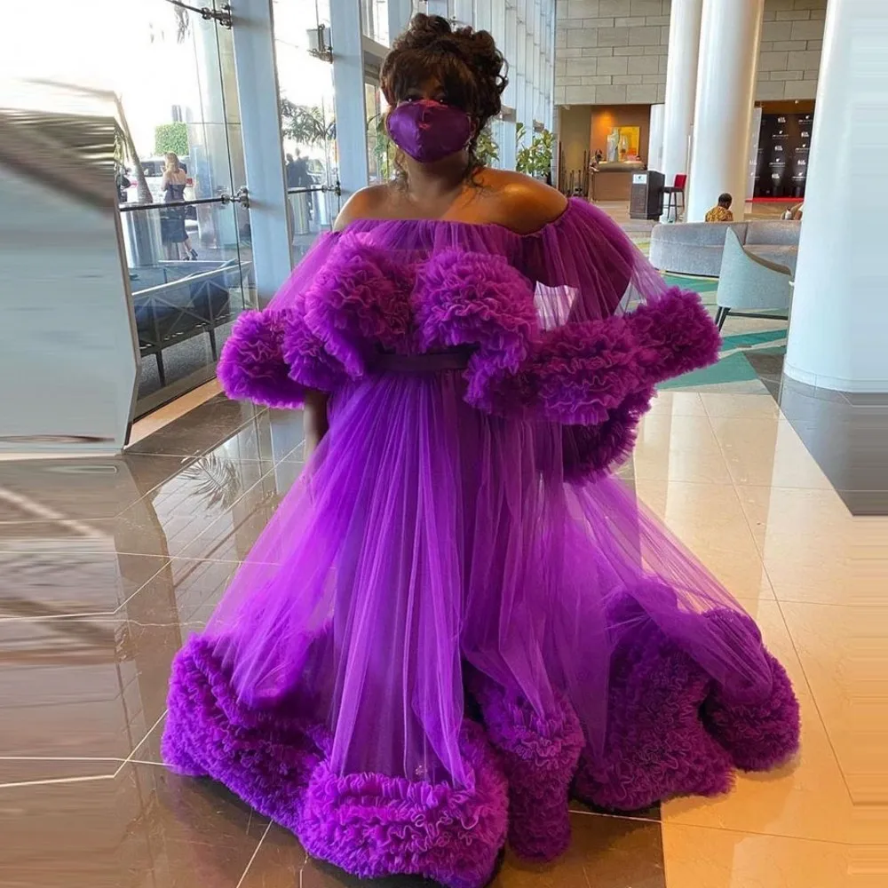 

Фиолетовые вечерние платья больших размеров с открытыми плечами и пышными рукавами, платье для выпускного вечера, многоуровневая пачка, тюлевые платья для красной ковровой дорожки