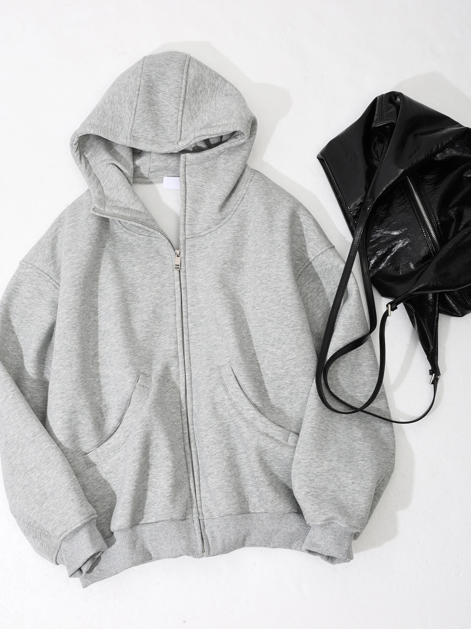 

Gray Hooded Open Cardigan Sweatshirt Women's Autumn Winter Thickened Street Style Outerwear American Retro Loose Top