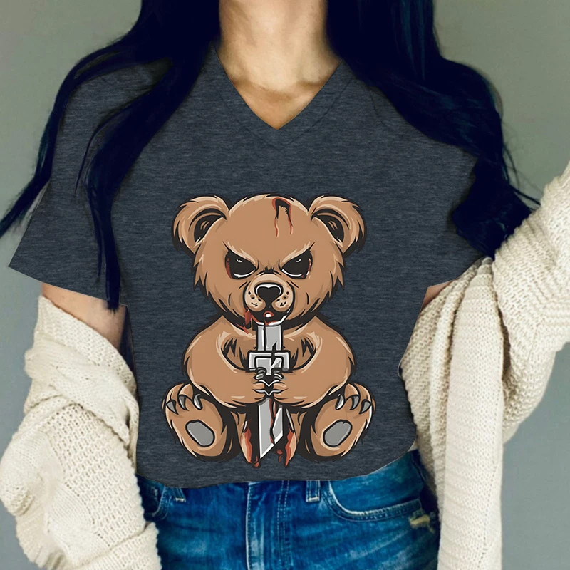 Fashion Evil Teddy Bear Woman T-Shirt Street Hip Hop Short Sleeves Personality V-Neck T Shirts Funny Bear Lover Female Tshirt