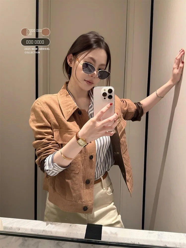 Teec Linen Jaet Retro Sle Patchwork-jas voor dames Herfstmode Dames korte bovenkleding Geldzakontwerp