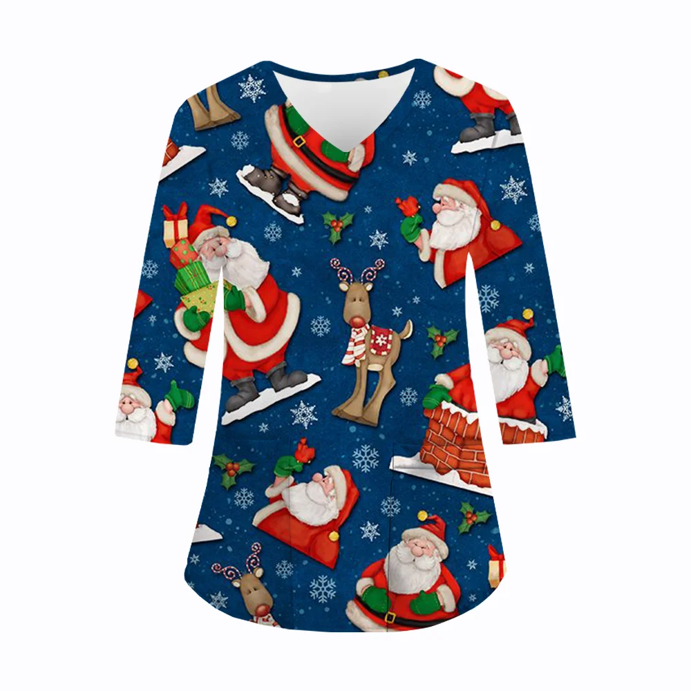 Women's Medical Uniforms Christmas Cartoon Print Fashion V-Neck Dental Spa Nurse Fall Long Sleeve Patch Pocket Surgical Uniforms