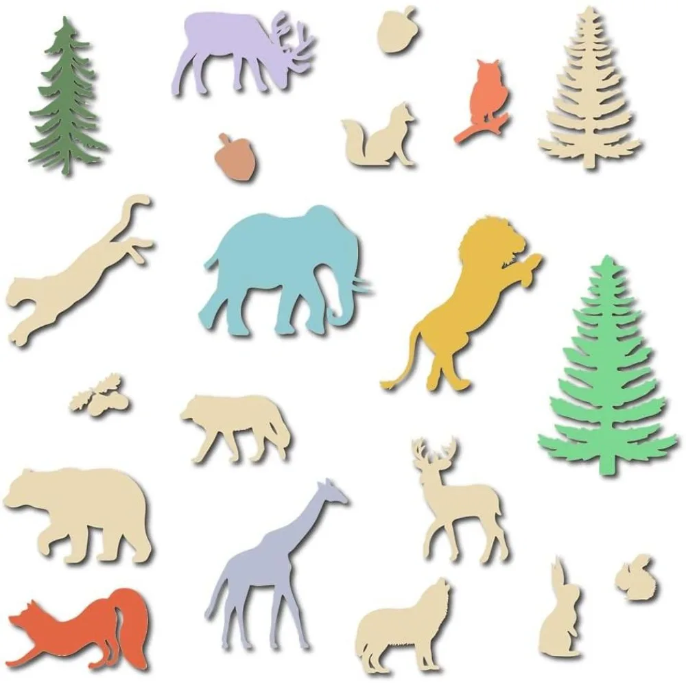 20Pcs Jungle Animal Plant Wooden Ornaments 19 Style Unfinished Berry Tree Wood Cutouts Elk Elephant Paint Crafts for Handicraft