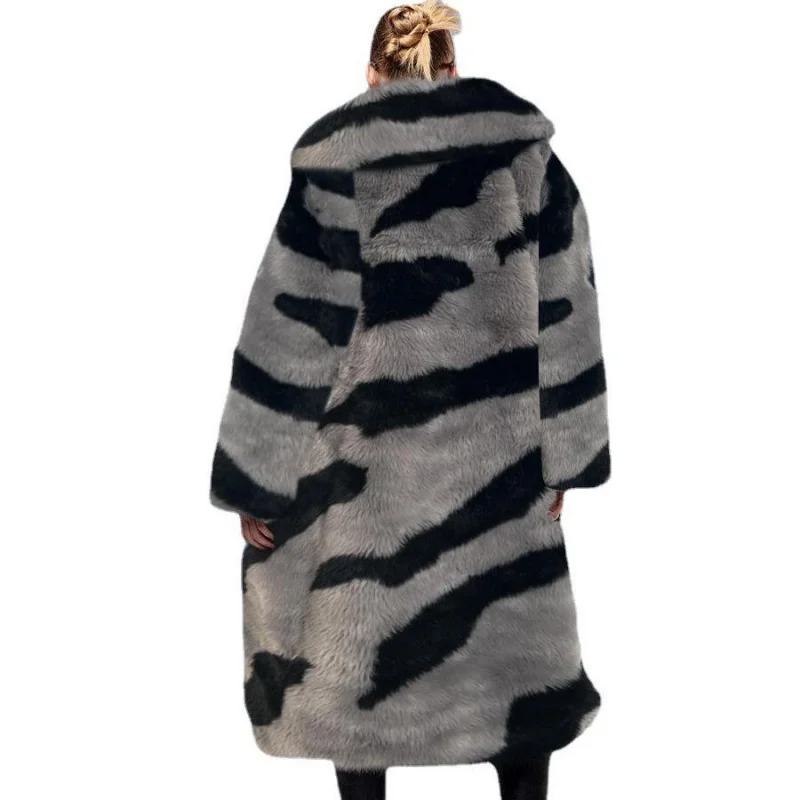 Faux Tiger Print Fur Extended Length Artificial Fur  Coat Loose Coat