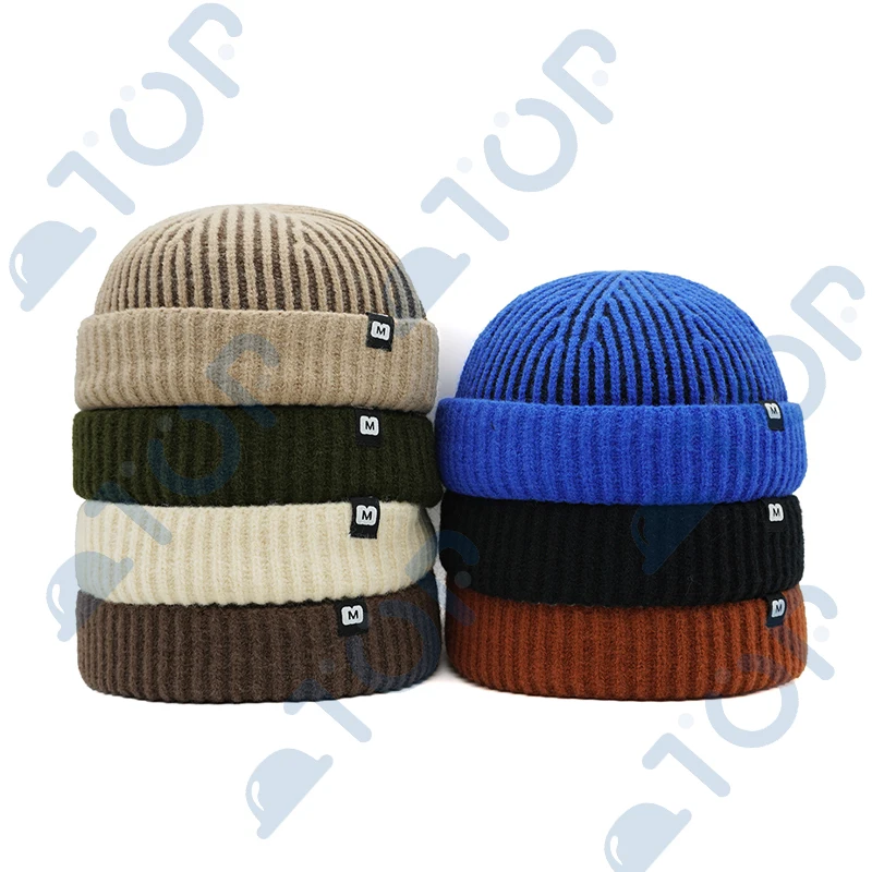 Thick Striped Knitting Docker Cap Warm Winter Beanie Caps With Letter Label Soft Hat Hats For Men Woman Vintage Retro Outdoor