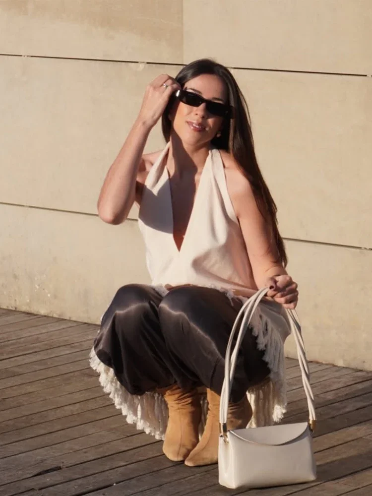 Halter Fringe V Neck Tops Wide Leg Pants Set Women Elegant Sleeveless Irregular Hemline Daily Wear 2026 Lady Stylish Office Suit