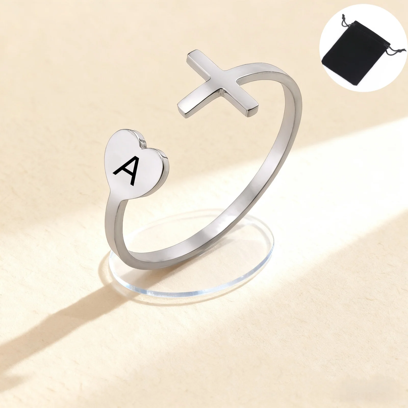 Customized surname initials ladies' heart-shaped open cross ring stainless steel fashion cross couple ring Valentine's Day gift