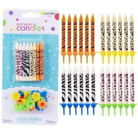 24pcs Safari Wild Animal Print Birthday Candles Birthday Party Decorations Jungle Animals Candle Wedding Cake Candles