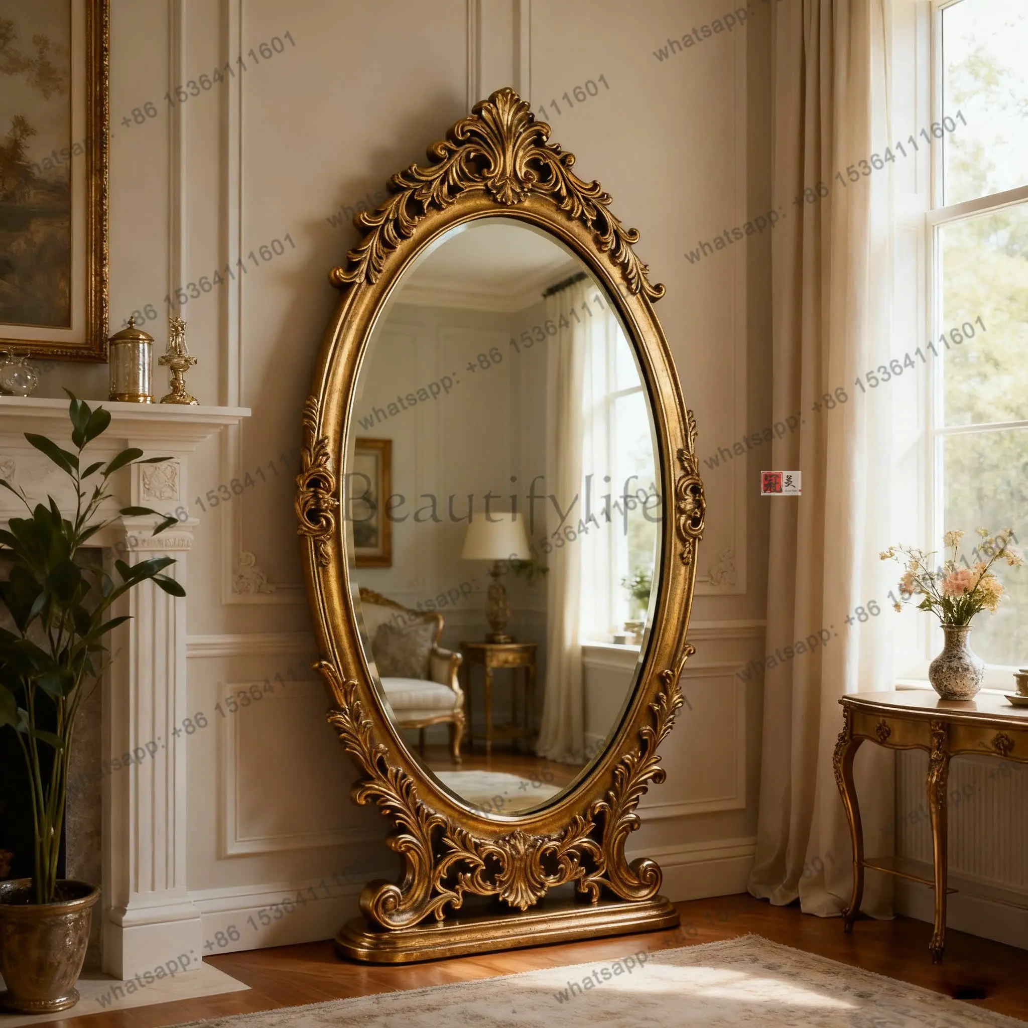 French mirror full-length mirror handmade American retro floor-to-ceiling carved full-length mirror