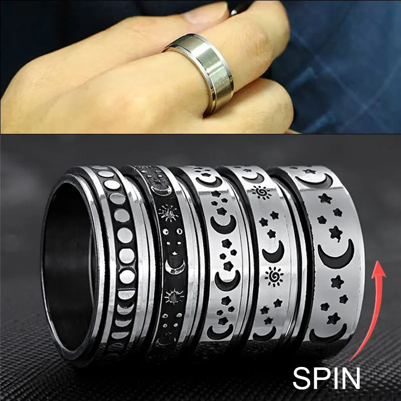 Rotate Freely Spinning Stainless Steel Anxiety Ring For Women and Men Moon Star Chain Spinner Fidgets Ring Anti Stress 2022