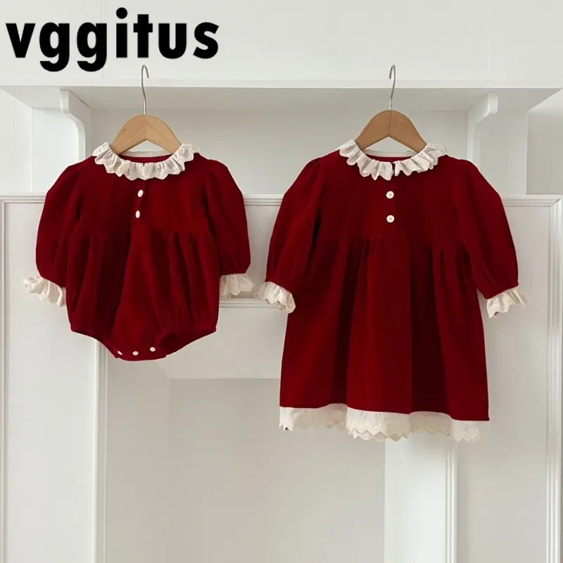 جديد ربيع الخريف طفلة مطابقة وتتسابق المخملية ارتداءها الأخوات فستان الدانتيل طوق فستان الأميرة ملابس طفل صغير H6097