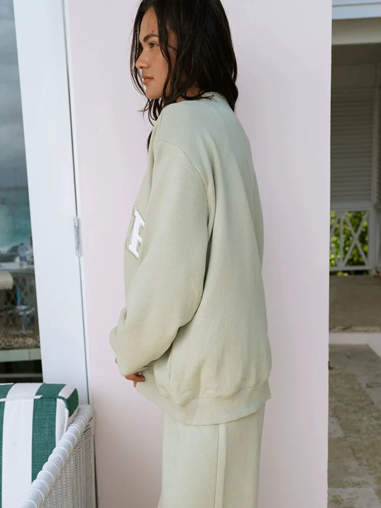 Embroidered Letter Patchwork High Collar Sweatshirt for Women Autumn New Style Standard Fit Cotton Long Sleeve round Neck
