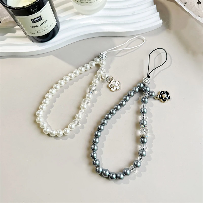 Elegant Camellia Beads Phone Chain Bowknot Sweet Earphone Case Pendant Anti-Lost Lanyard Wrist Strap Bag Decor