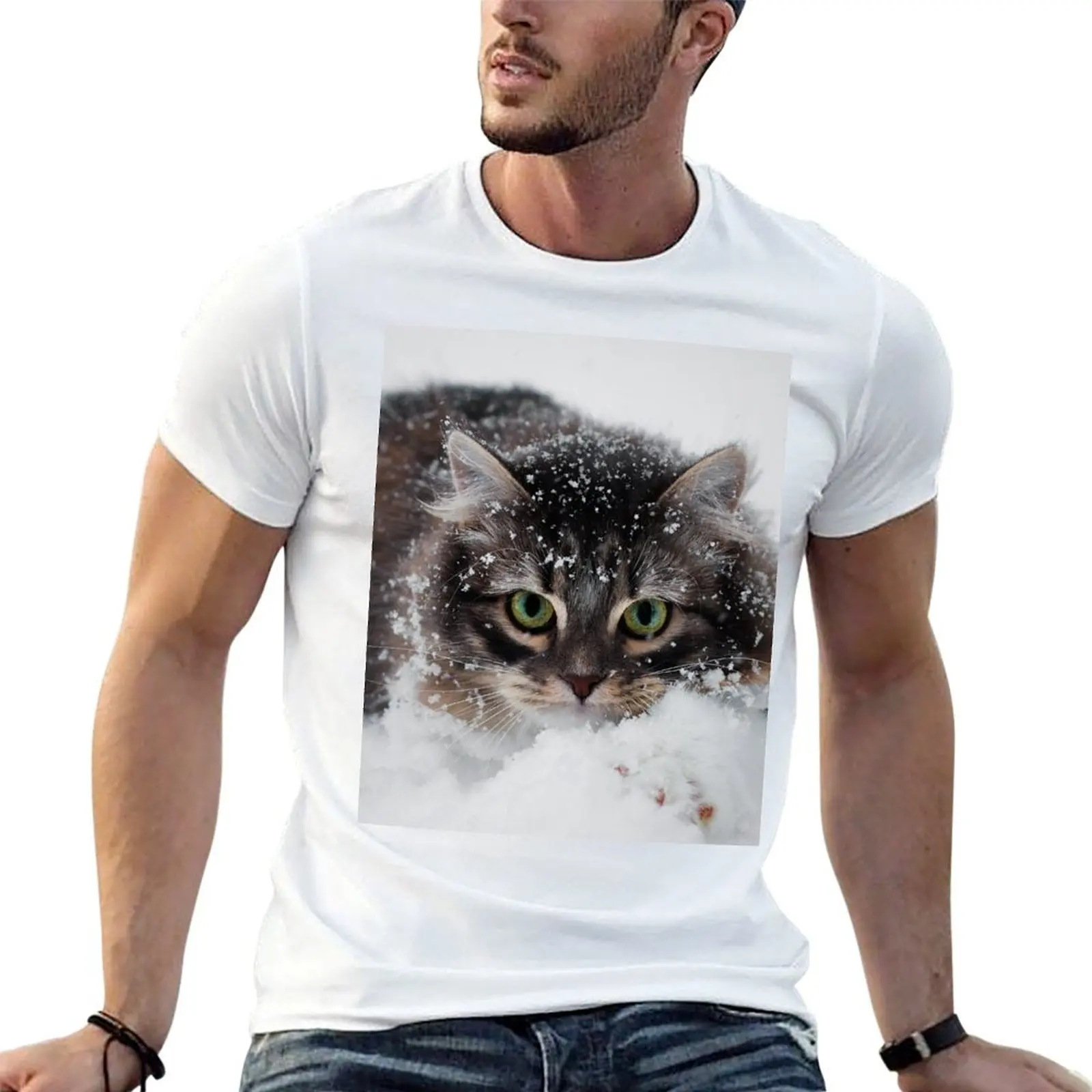 Siberian Forest Kitten In Snow T-Shirt Large Size Soft Cotton T-Shirt