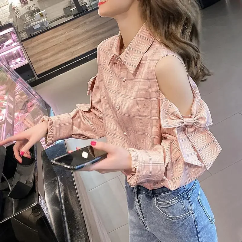 

Korean Fashion Off Shoulder Plaid Blouse Women's Clothing Spring Autumn Long Sleeve Casual All-match Bow Spliced Shirt Female