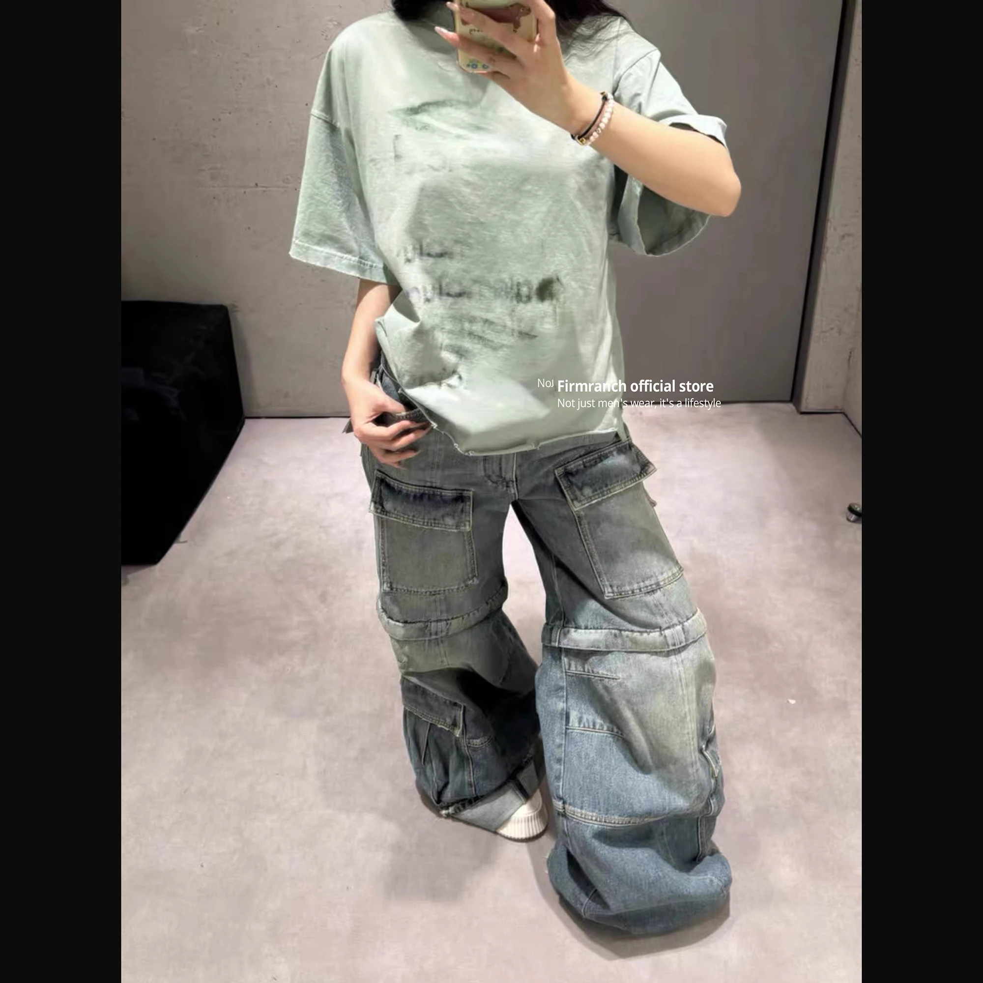 ファームランチブルー メイク オールド デタッチャブル カーゴ デニムパンツ メンズ レディース ハイストリート フレア ジーンズ ツーウェイ ブーツカット トラウザーズ