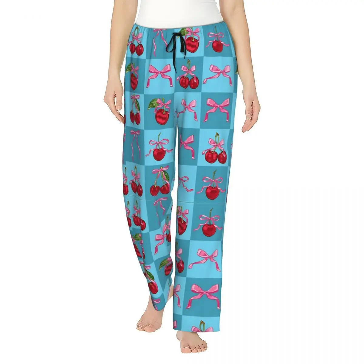 Ladies Pyjama Pants Blue Cherries And Bows Checker Loungewear pants Comfy Pink Bow Cherry Pattern Pajama Bottoms Dorm