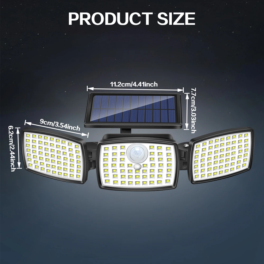 179 LED-Solarleuchten, Außensensor, 3 Köpfe, solarbetriebene Flutlichter, IP65, wasserdichte Sicherheitsleuchten, PIR-Bewegung für den Garten