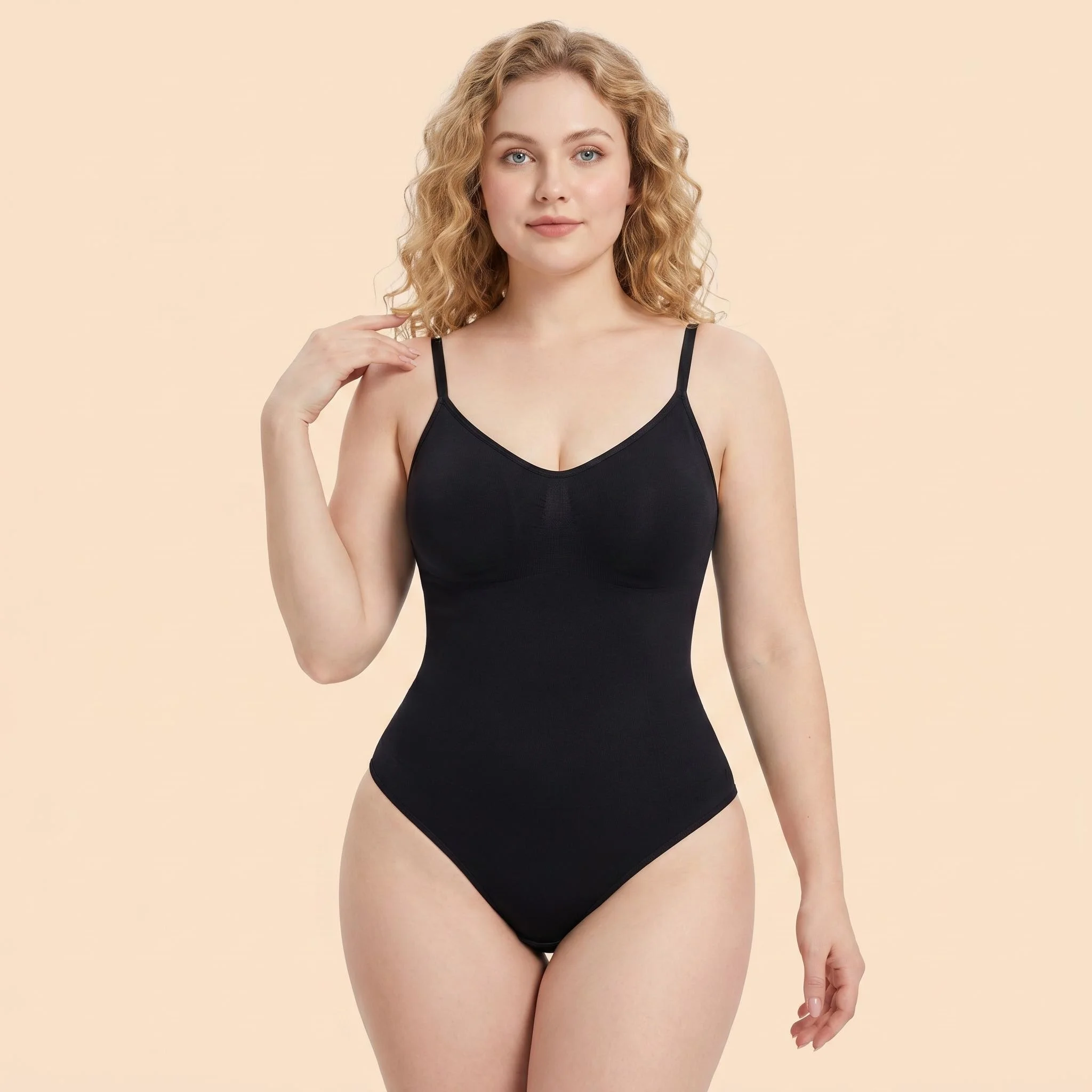 Women Spaghetti Strap V Neck Seamless Bodysuit Medium Compression Tummy Control Butt Lifting Shapewear Slim Fit One Piece Body S