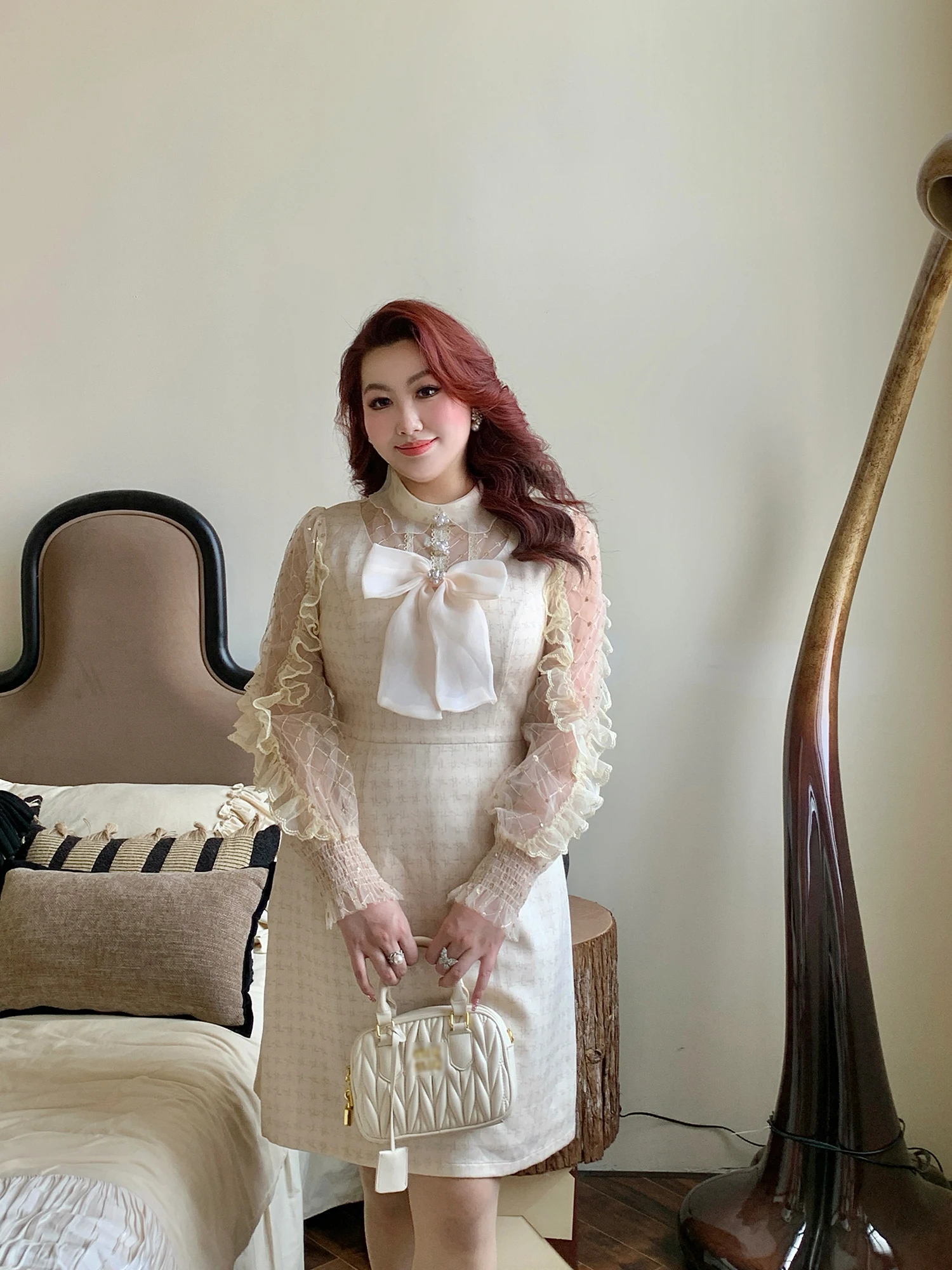 

GLEC плюс размер, осень-зима Dr Ele, высокая талия, кружевной узел, блестки, украшенный небольшим Fraance, трапециевидной формы Dr