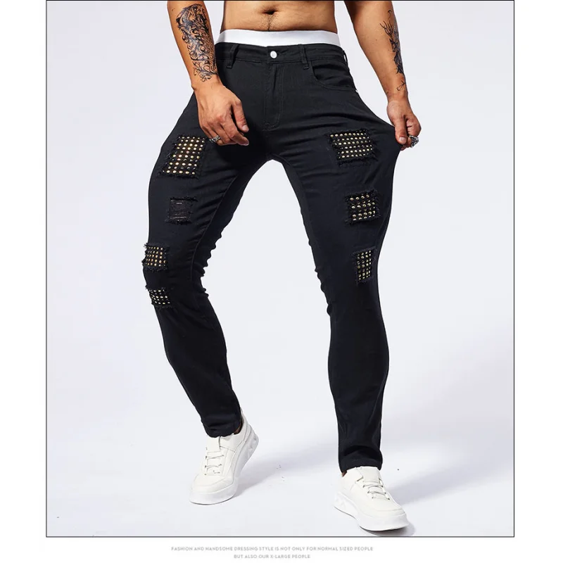 

2024 New Summer Muscle Jeans, Men's Elastic Slim Fit, Perforated Patch, Street Fashion, Black Tight Pants