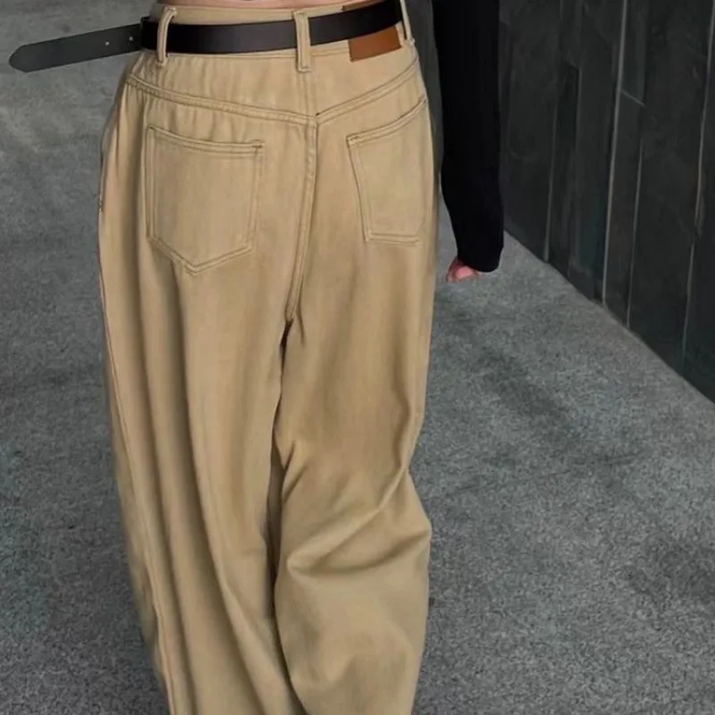 QWEEK Oversized Vintage Khaki Jeans Woman Y2k Harajuku Baggy Casual Denim Pants Korean Fashion High Waist Basic Trousers 2024