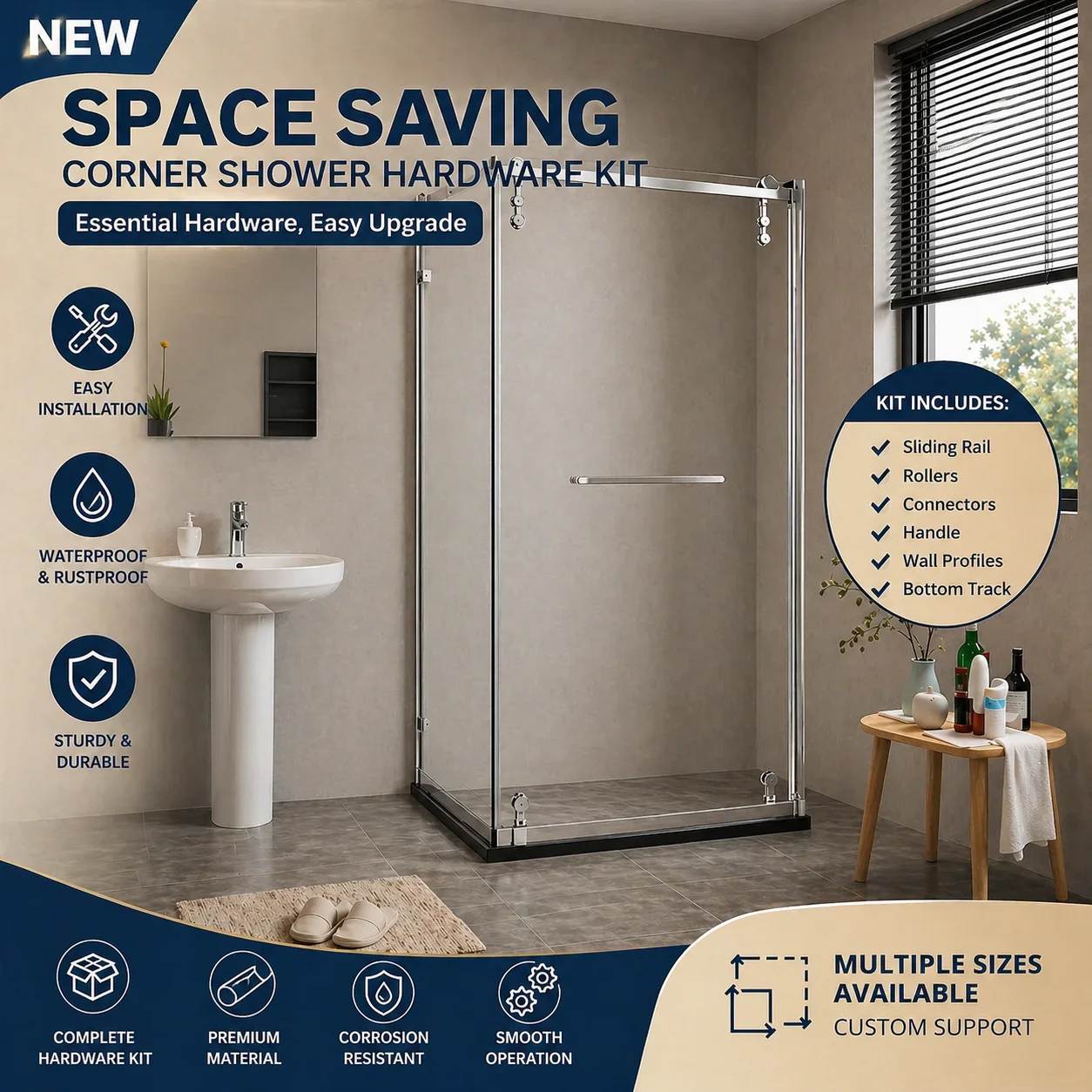 Modern Corner Shower Kit with Base | Space Saving Glass Shower Enclosure for Apartment & Hotel Bathroom