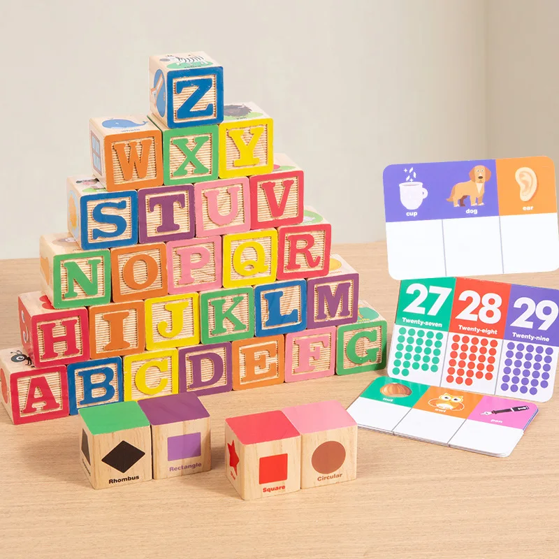 Montessori Wooden Word Block Toy, Color Shape Cognitive Hand-Eye Coordination Stacking Game, 30 Pieces, 3-6 Years Christmas Gift