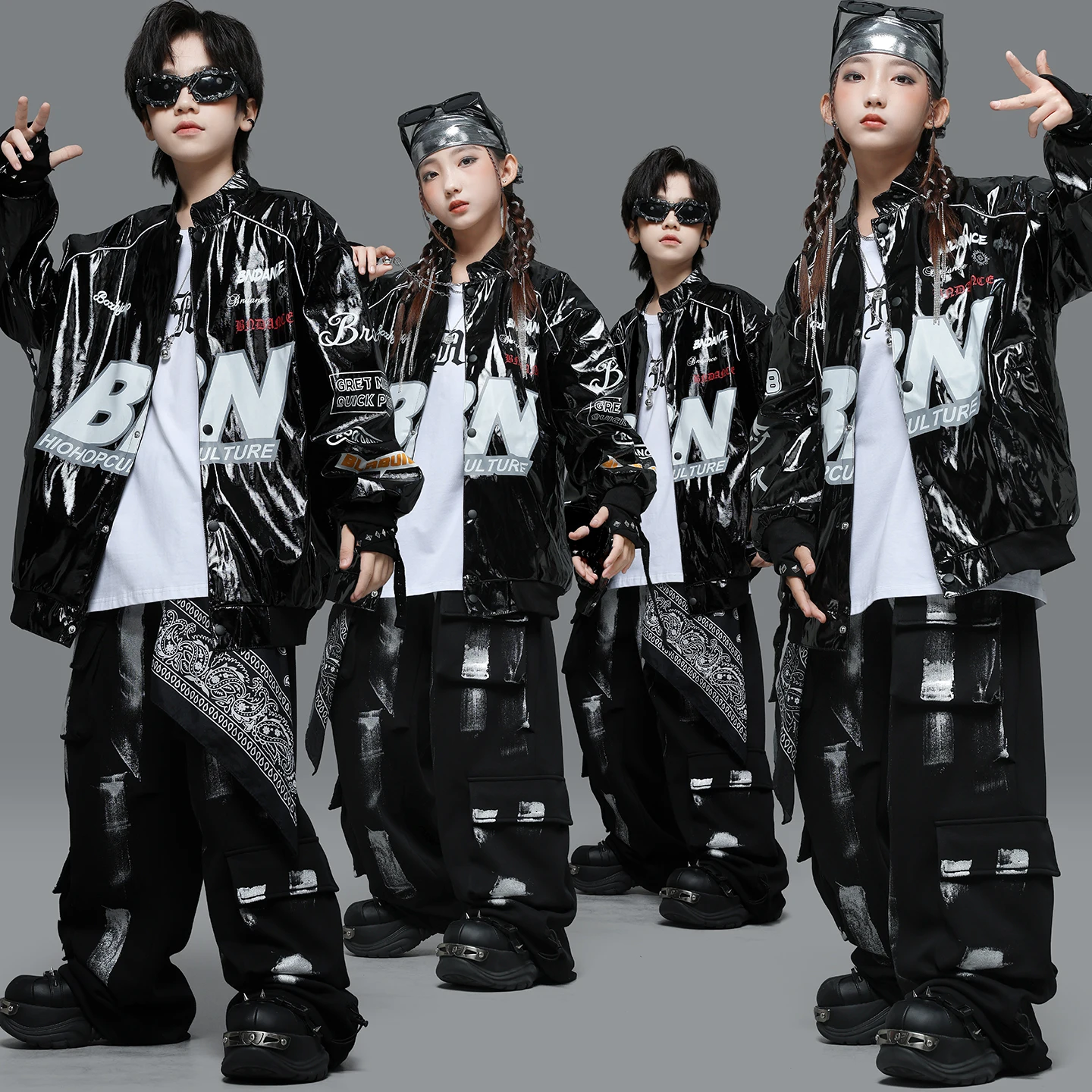 Yougth Danza moderna Abbigliamento Hip Hop Giacca oversize in ecopelle Top Pantaloni cargo casual per ragazza Costumi di danza jazz Vestiti