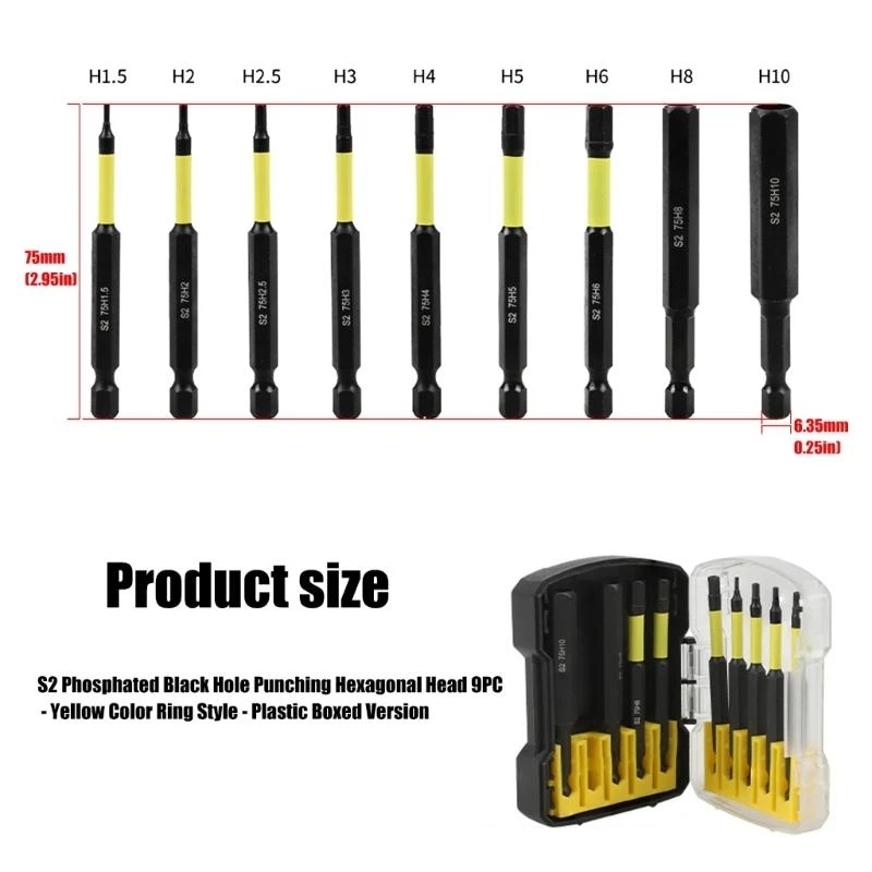 9pcs Metric Size Size Hexagonal Shank Allen Bit Bit Set H1,5 до H10 с магнитным дизайном для воздействия Driver Diy Projects