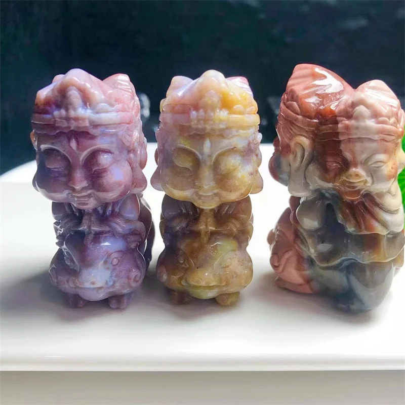 53MM Natural Alashan Agate Three-faced Buddha Figurine Healing Feng Shui Quartz Home Decoration Accessories 1pcs