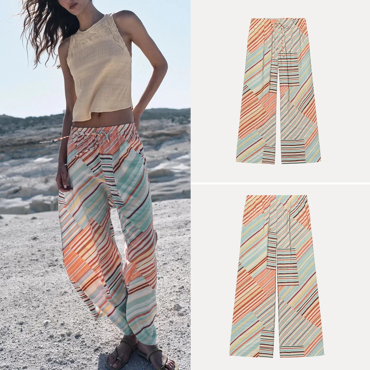 

High Waist Loose Fit Striped Casual Pants for Women Summer 2026 Elastic Waist Drapey Wide Leg Trousers by ZADATA