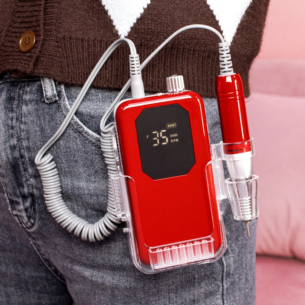 Perceuse à ongles électrique professionnelle, couleur rouge vif, 35000 tr/min, Rechargeable, Portable, sans fil, pour manucure