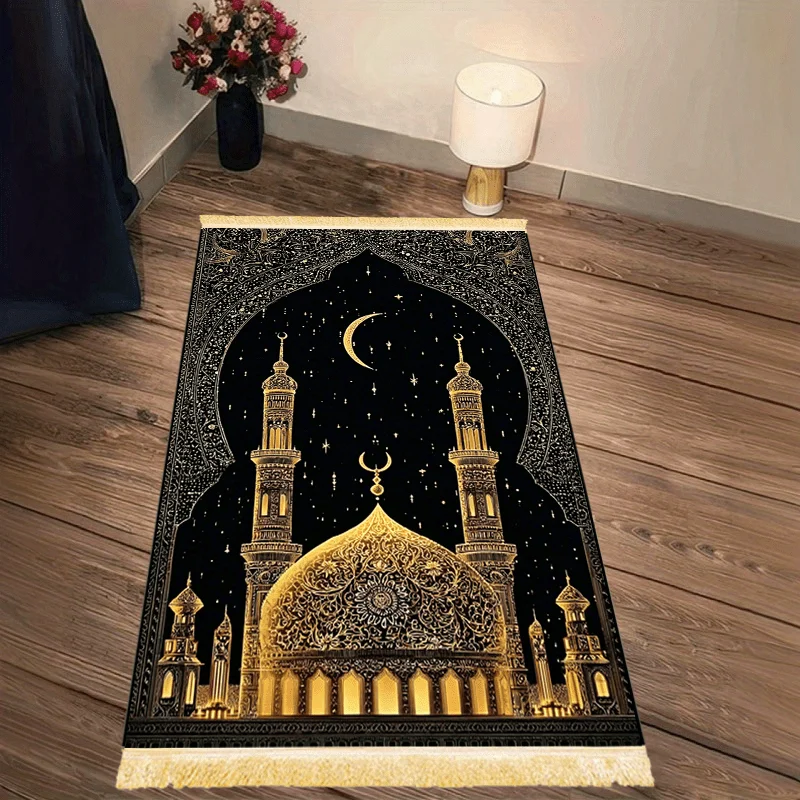 VIKAMA Black Gold Mosque and Crescent Moon Design Prayer Rug Muslim Prayer Mat Portable Carpet for Bedroom Living Room Travel