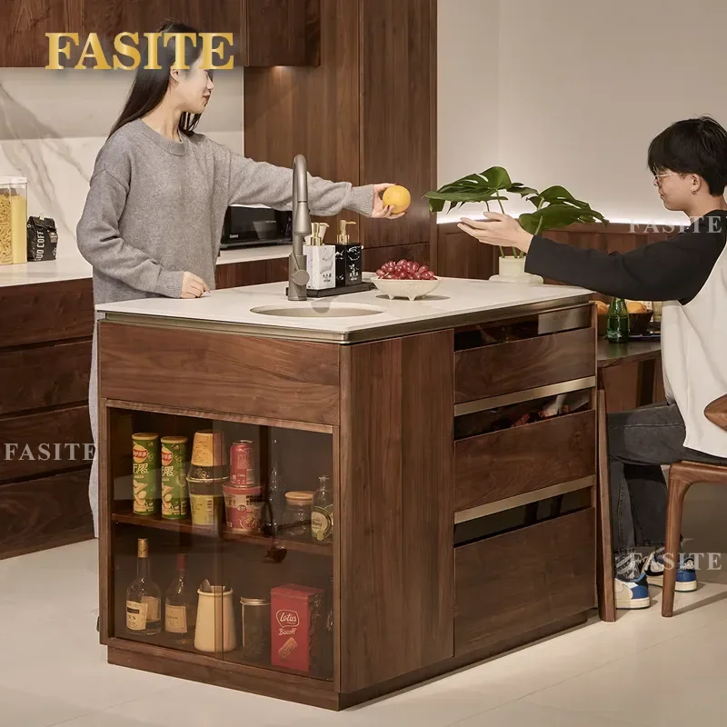 for North American Black Walnut Solid Wood Slate Island Simple Bar Side Cabinet Integrated Dining Table Middle Island Cabinet