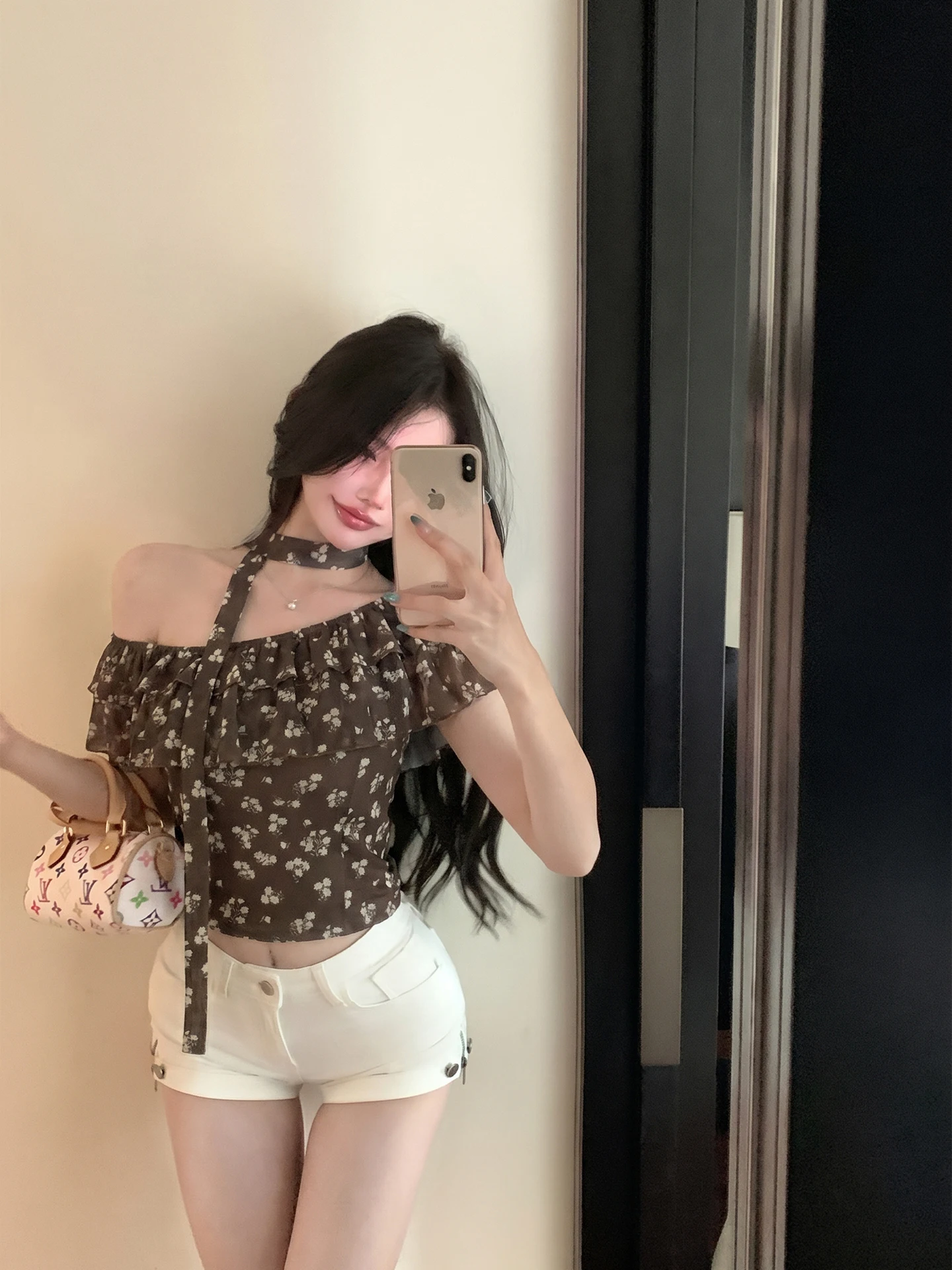 Floral Print Halter Neck Short Shirt Women's Fashion Summer Slim Fit Waist Cinched One Shoulder Top Gathered Skirt Sleeveless