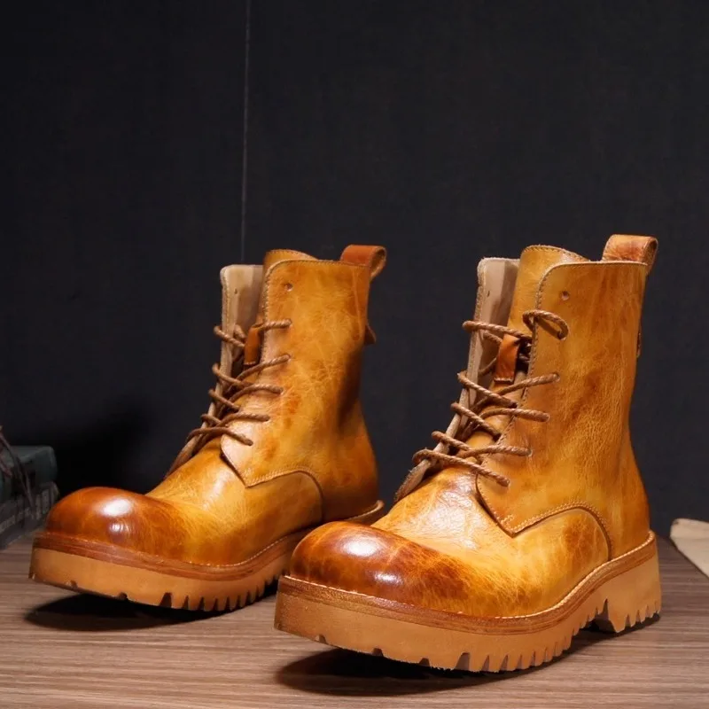 

Handmade Cowhide Retro Ankle Boots Men's Shoes Thick Soled Fashion Casual Genuine Leather Motorcycle Boots Male Snow Boots