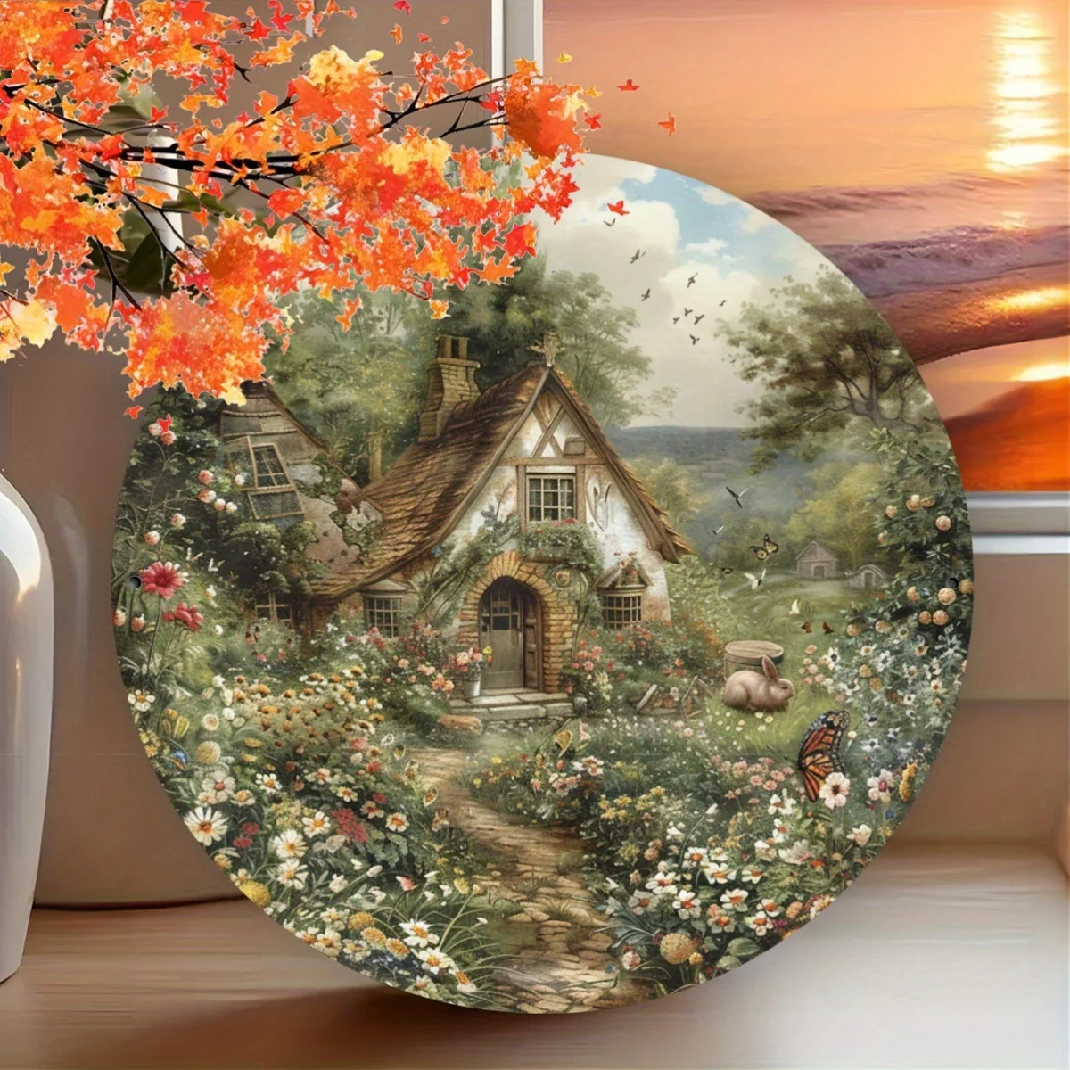 Rabbit in Cottage Garden Round Aluminum Retro Sign, Indoor Outdoor Decorative Plaque for Home, Cafe, Apartment, Dining Room