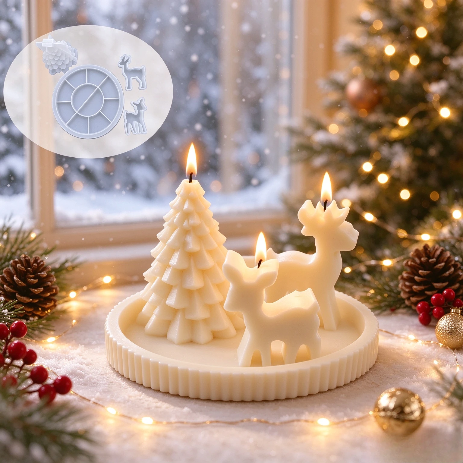 4pcs Christmas Deer & Tree Candle Mold Set, 2 Reindeer + Xmas Tree + Round Fluted Tray Resin Silicone Mold
