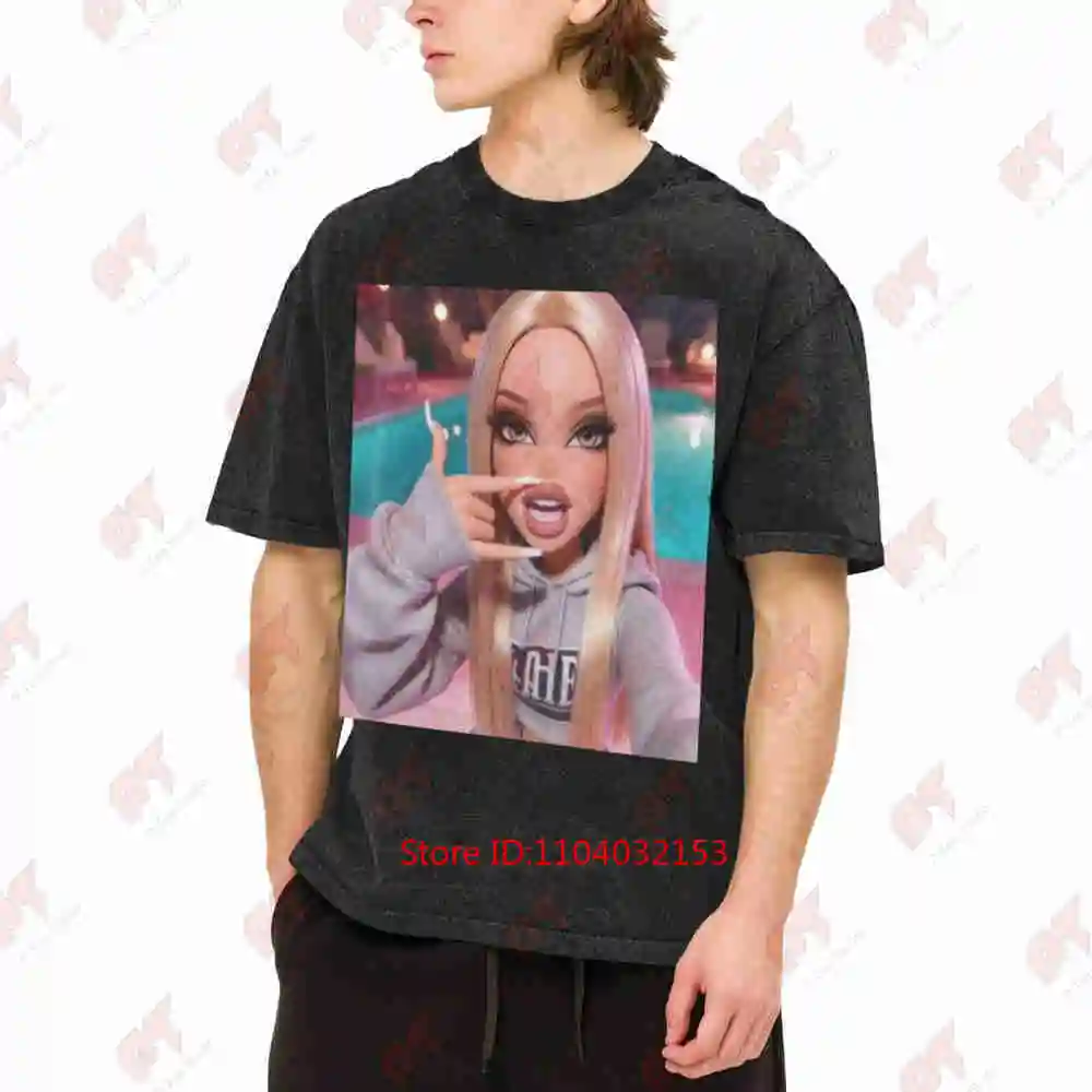 Funny Cartoon Girl Long Blonde Hair Vintage Washed Tee Pure Cotton T-Shirt