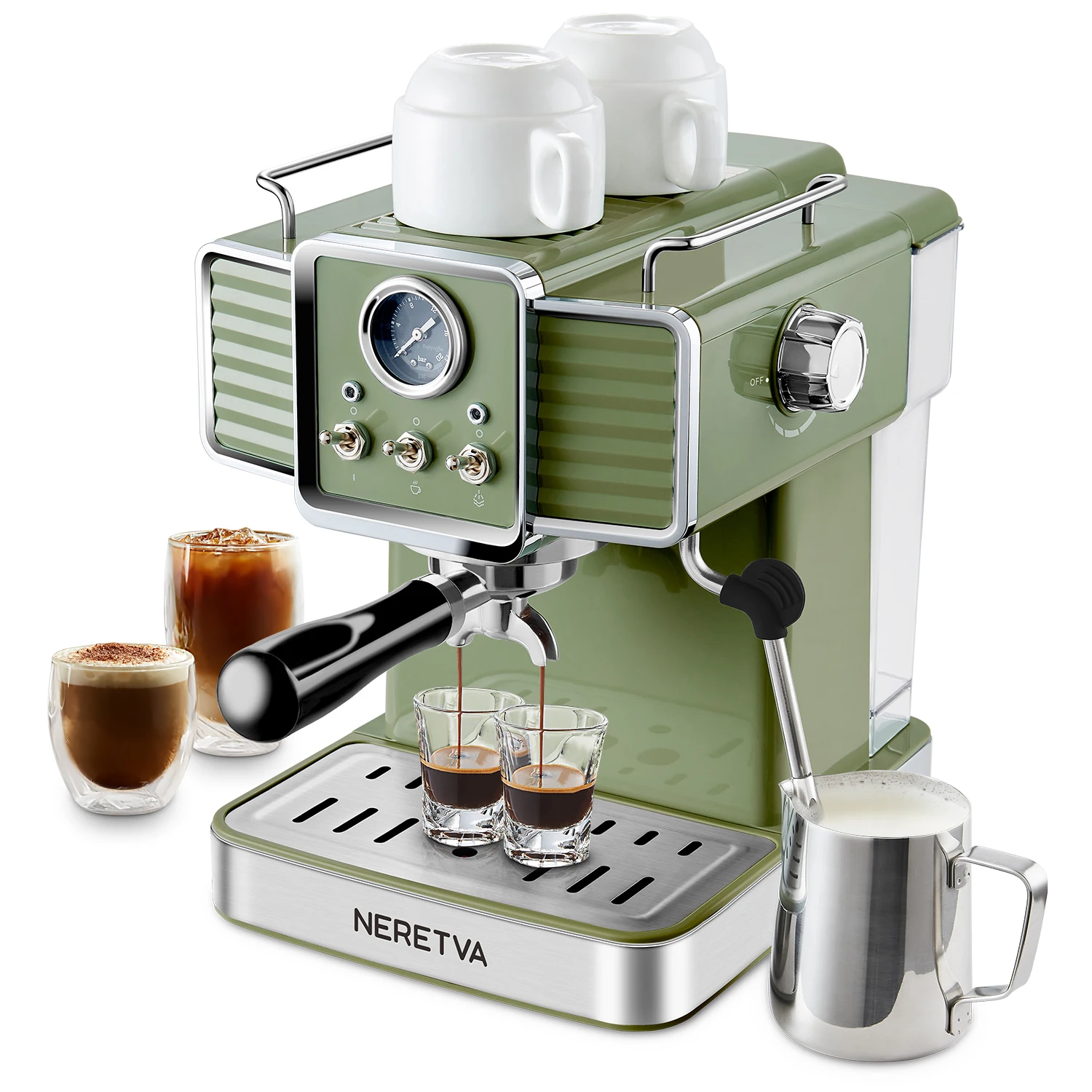 Neretva Espresso Coffee Machine 15 Bar Espresso Coffee Maker with Milk Frother Steam Wand Cappuccino, Latte for Home Barista