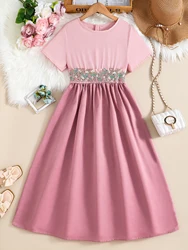 Summer Retro Elegant Girls' Waist Decal Round Neck Zipper Short Sleeved Solid Color Medium Long Dress