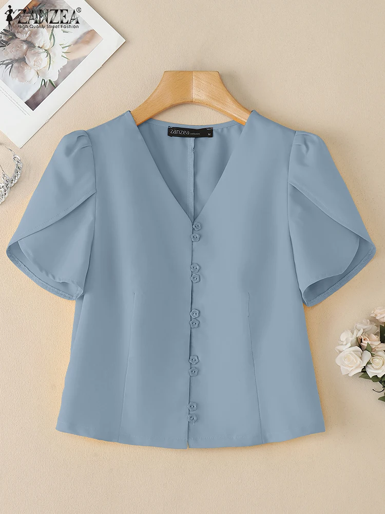 

ZANZEA Womens Elegant Short Tops 2025 Summer Fashion Short Petal Sleeve V-Neck Button Up Blouses Day Wear Solid Color Shirts
