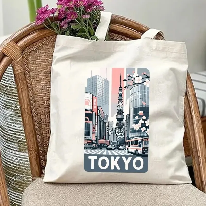 Bolso de mano de lona con paisaje urbano de Tokio, colección asiática, estampado japonés elegante para gimnasio, viajes, compras, bolso de lona