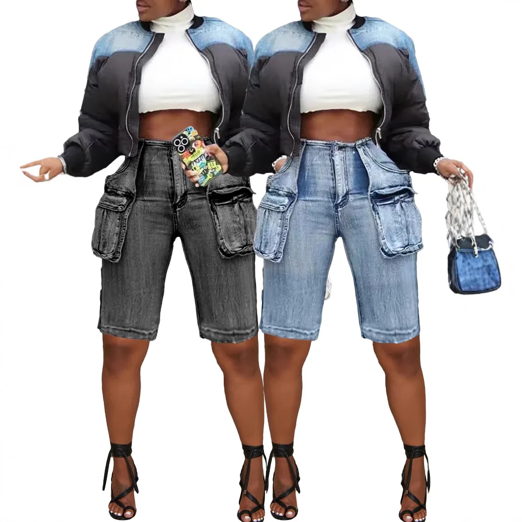 

Denim Cargo Shorts with Pockets High Waist Zipper Fly Short Jeans 2025 Summer New Popular Streetwear Workout Activewear Pants