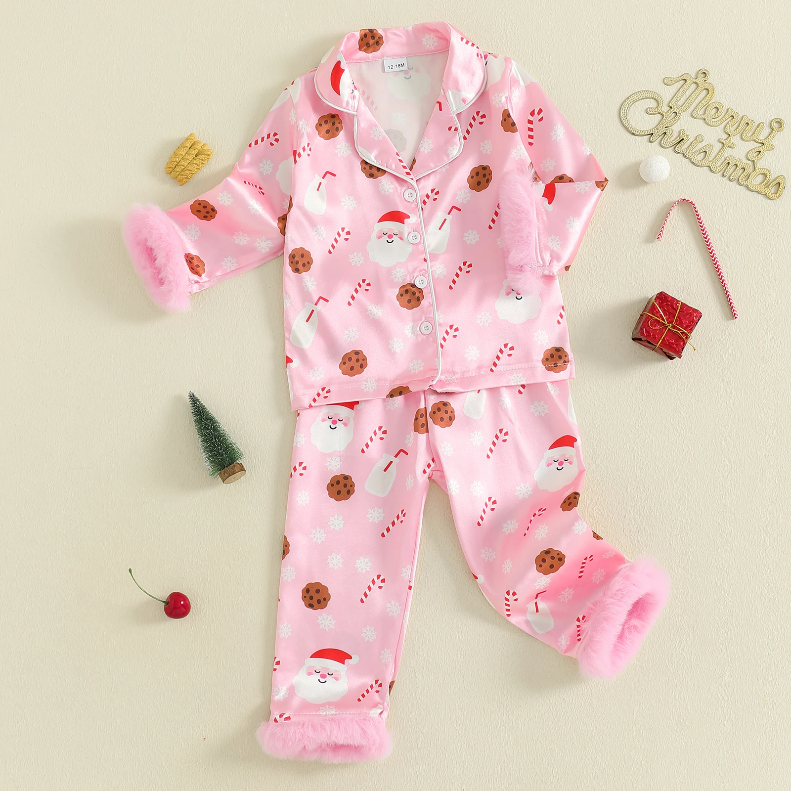 Kerstpyjama voor peutermeisjes Kerstman Melkprint Revers Lange mouw Button-down tops met broek Satijn Twee stukken nachtkleding